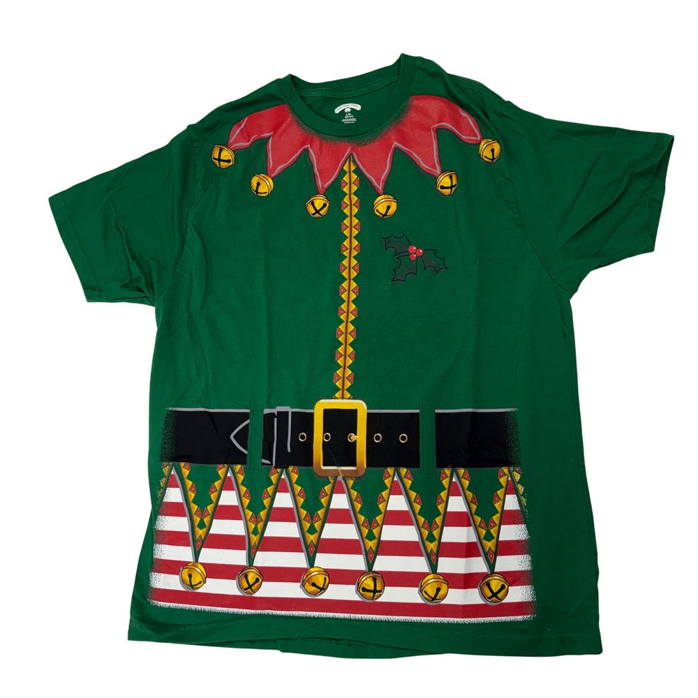 Holiday Time Elf Costume T-Shirt Mens Large Green Christmas Graphic Tee Novelty